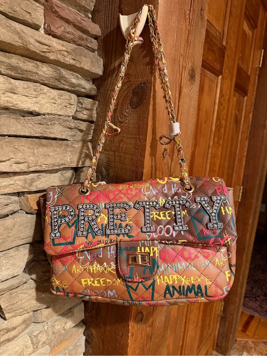 Alba Handbags - ALBA NWT Brown Multicolor Graffiti Quilted Vegan Leather Chain Crossbody Bag
